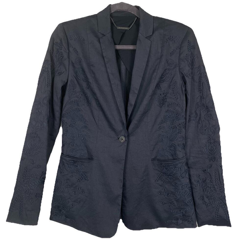 Elie Tahari Linen Blend Blazer Jacket Size 4 Navy Embroidered Eyelet Career Boho